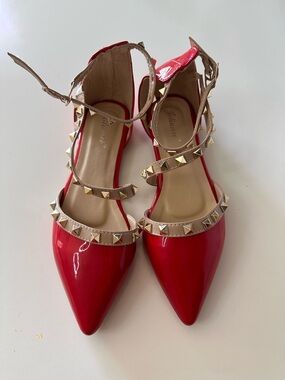 Red Pointed Patent Studded Ankle-Strap Flats by